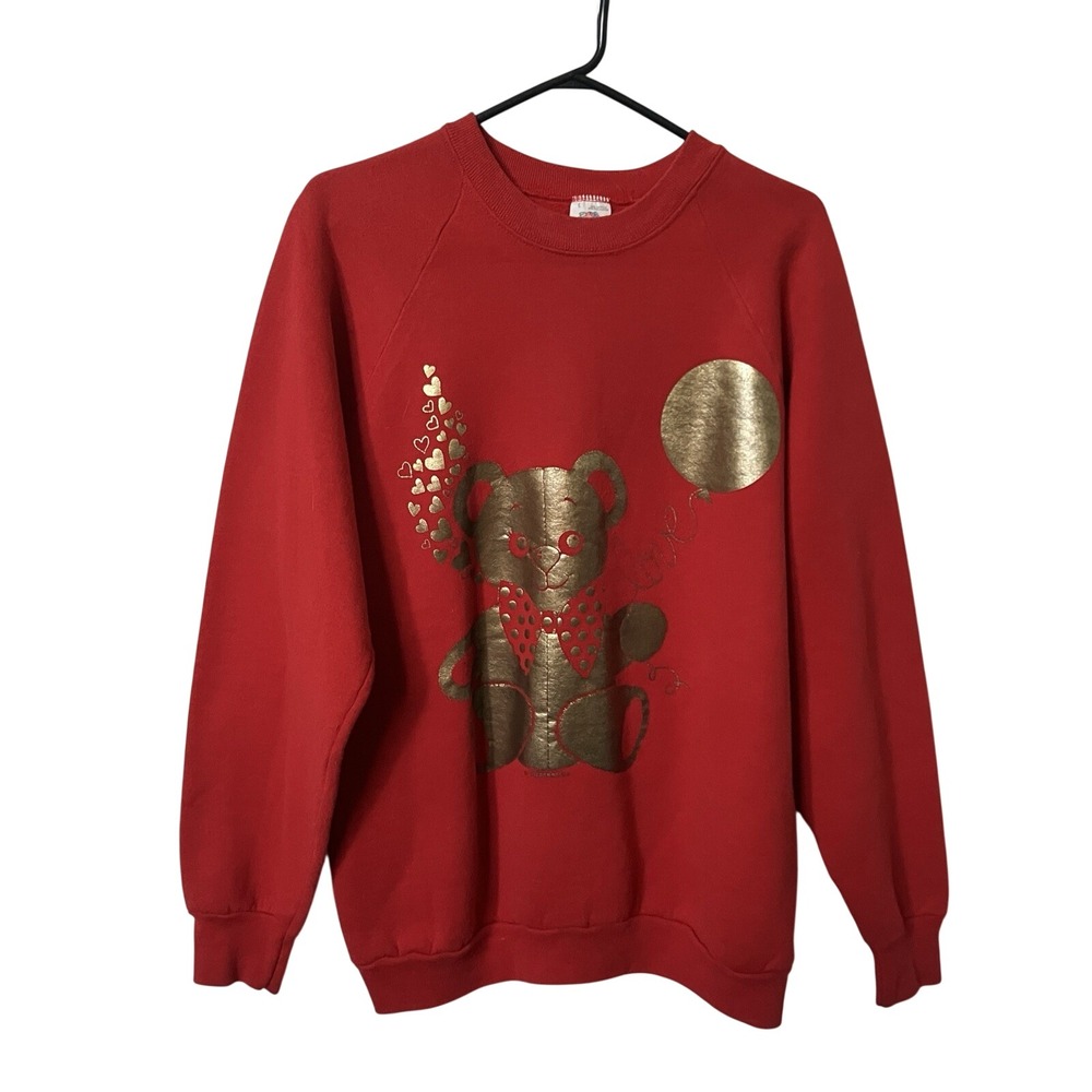 Vintage 1989‎ Fruit of the Loom Red Gold Foil Teddy Bear Love Sweatshirt Large